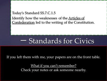 Today’s Standard SS.7.C.1.5 Identify how the weaknesses of the Articles of Confederation led to the writing of the Constitution. 一 Standards for Civics.