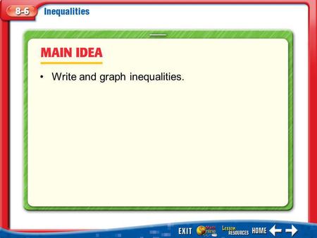 Main Idea/Vocabulary Write and graph inequalities.