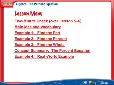 Lesson Menu Five-Minute Check (over Lesson 5–6) Main Idea and Vocabulary Example 1:Find the Part Example 2:Find the Percent Example 3:Find the Whole Concept.