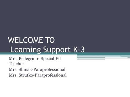 WELCOME TO Learning Support K-3 Mrs. Pellegrino- Special Ed Teacher Mrs. Slimak-Paraprofessional Mrs. Strutko-Paraprofessional.
