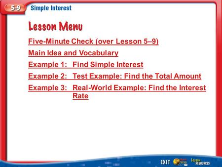 Five-Minute Check (over Lesson 5–9) Main Idea and Vocabulary