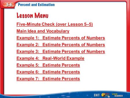 Lesson Menu Five-Minute Check (over Lesson 5–5) Main Idea and Vocabulary Example 1:Estimate Percents of Numbers Example 2:Estimate Percents of Numbers.