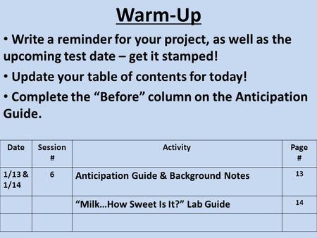 Warm-Up Write a reminder for your project, as well as the upcoming test date – get it stamped! Update your table of contents for today! Complete the “Before”