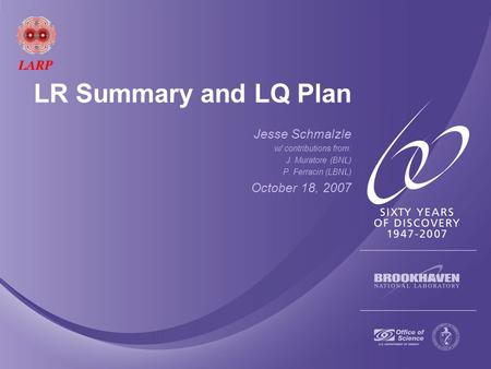 LR Summary and LQ Plan Jesse Schmalzle w/ contributions from: J. Muratore (BNL) P. Ferracin (LBNL) October 18, 2007.
