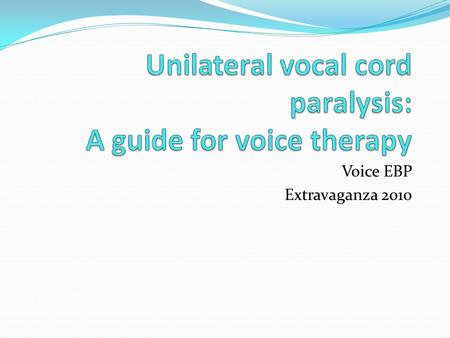 Voice EBP Extravaganza 2010. Background Common caseload (inpts > outpatients) Unknown: When to provide therapy and for how long What therapy to provide.
