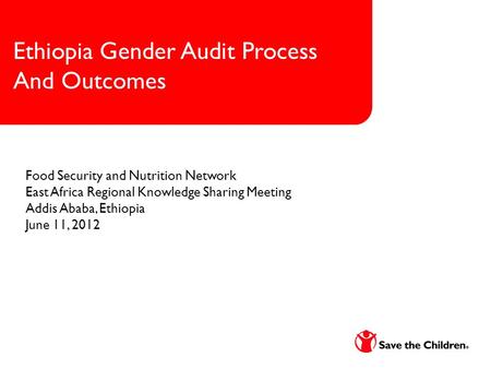 1 Ethiopia Gender Audit Process And Outcomes Food Security and Nutrition Network East Africa Regional Knowledge Sharing Meeting Addis Ababa, Ethiopia June.