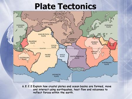 Plate Tectonics 6.E.2.2 Explain how crustal plates and ocean basins are formed, move and interact using earthquakes, heat flow and volcanoes.