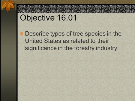 Objective 16.01 Describe types of tree species in the United States as related to their significance in the forestry industry.
