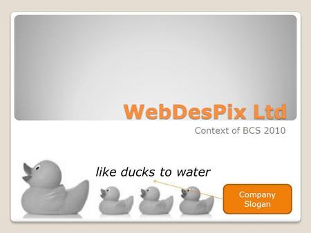 WebDesPix Ltd Context of BCS 2010 like ducks to water Company Slogan.