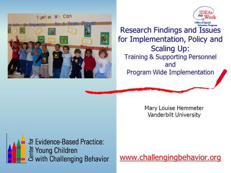 Research Findings and Issues for Implementation, Policy and Scaling Up: Training & Supporting Personnel and Program Wide Implementation www.challengingbehavior.org.
