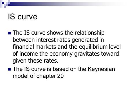 IS curve The IS curve shows the relationship between interest rates generated in financial markets and the equilibrium level of income the economy gravitates.