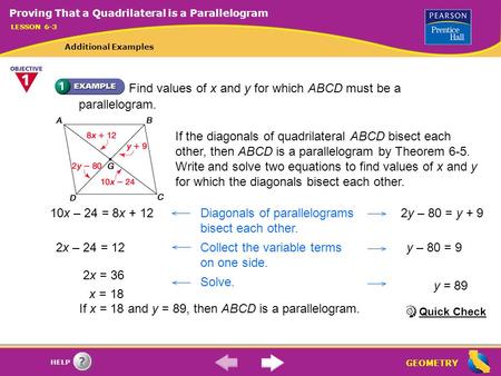 If x = 18 and y = 89, then ABCD is a parallelogram.