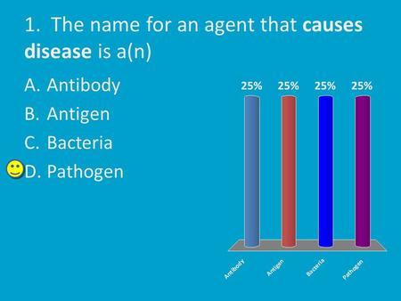 1. The name for an agent that causes disease is a(n) A.Antibody B.Antigen C.Bacteria D.Pathogen.