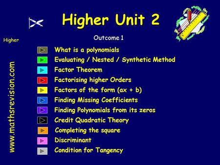 Www.mathsrevision.com Higher Outcome 1 Higher Unit 2 What is a polynomials Evaluating / Nested / Synthetic Method Factor Theorem Factorising higher Orders.