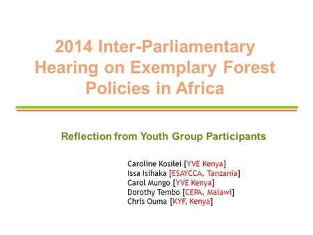 2014 Inter-Parliamentary Hearing on Exemplary Forest Policies in Africa Reflection from Youth Group Participants Caroline Kosilei [YVE Kenya] Issa Isihaka.