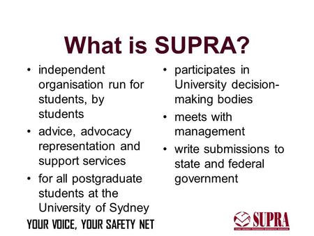 YOUR VOICE, YOUR SAFETY NET What is SUPRA? independent organisation run for students, by students advice, advocacy representation and support services.