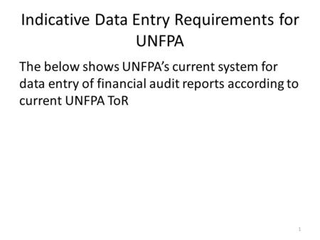 Indicative Data Entry Requirements for UNFPA The below shows UNFPA’s current system for data entry of financial audit reports according to current UNFPA.