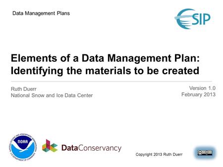 Elements of a Data Management Plan: Identifying the materials to be created Ruth Duerr National Snow and Ice Data Center Data Management Plans Copyright.