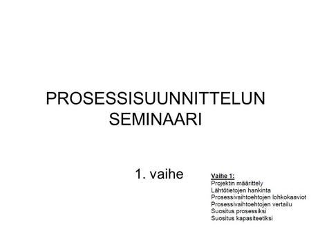 PROSESSISUUNNITTELUN SEMINAARI 1. vaihe. CONTENTS Info Project definition and knowledge acquirement Process selection Process synthesis Heuristic rules.