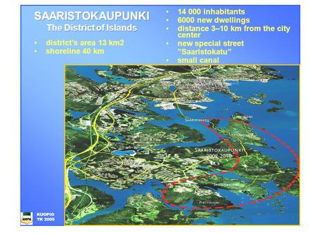 14 000 inhabitants 6000 new dwellings distance 3–10 km from the city center new special street ”Saaristokatu” small canal KUOPIO YK 2005 district’s area.