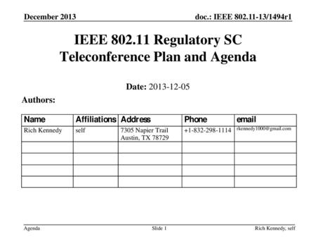 IEEE Regulatory SC Teleconference Plan and Agenda