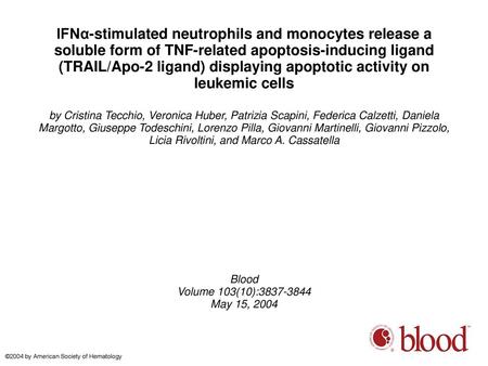 IFNα-stimulated neutrophils and monocytes release a soluble form of TNF-related apoptosis-inducing ligand (TRAIL/Apo-2 ligand) displaying apoptotic activity.