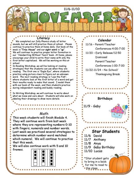 Star Students Math 11/6-11/10 Literacy Calendar Birthdays 11/9 - Gaby