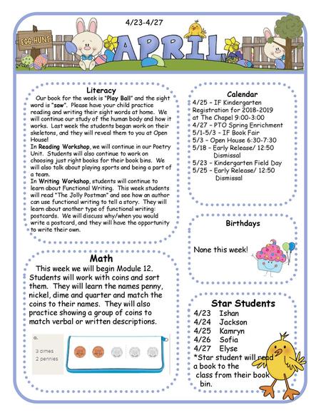 Math Star Students 4/23-4/27 Literacy Calendar Birthdays