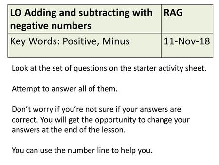 LO Adding and subtracting with negative numbers RAG