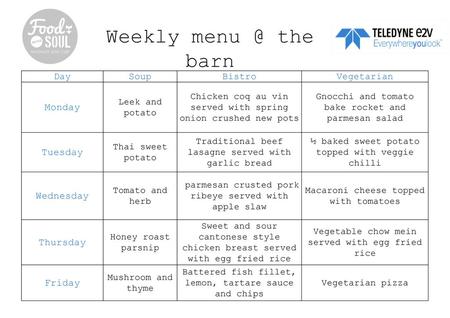 Weekly the barn Monday Tuesday Wednesday Thursday Friday Day
