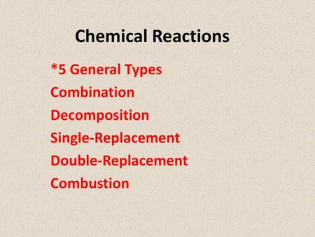 Chemical Reactions *5 General Types Combination Decomposition