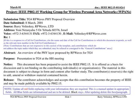 March 01 Project: IEEE P802.15 Working Group for Wireless Personal Area Networks (WPANs) Submission Title: TG4 RFWaves PHY Proposal Overview Date Submitted: