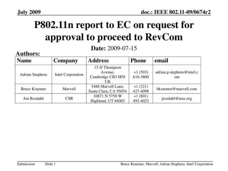 P802.11n report to EC on request for approval to proceed to RevCom