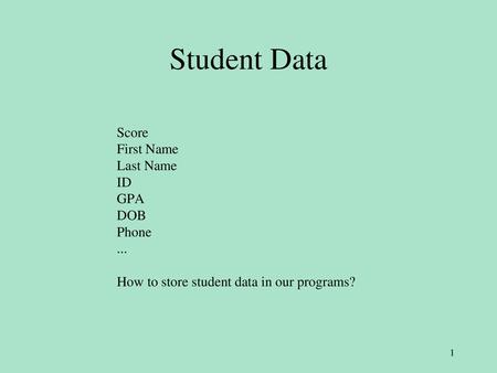 Student Data Score First Name Last Name ID GPA DOB Phone ...