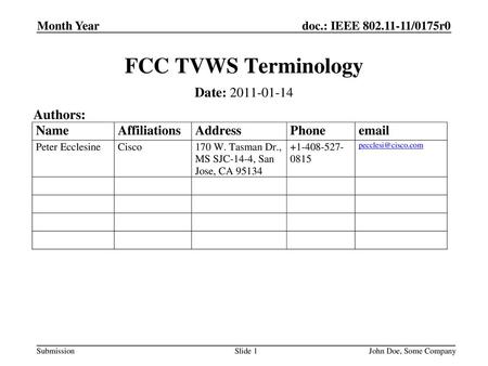 FCC TVWS Terminology Date: Authors: Month Year Month Year