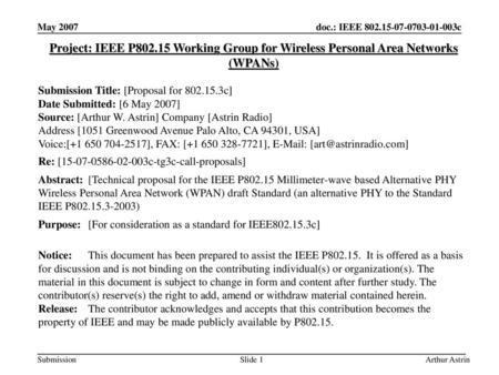 May 2007 Project: IEEE P802.15 Working Group for Wireless Personal Area Networks (WPANs) Submission Title: [Proposal for 802.15.3c] Date Submitted: [6.