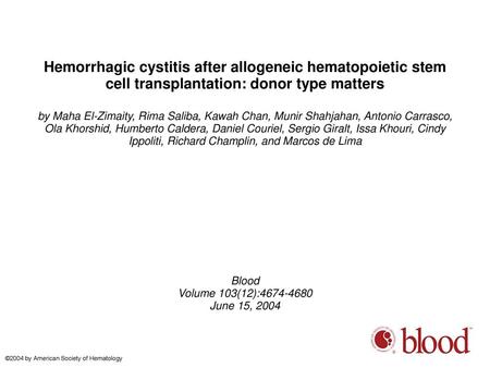 Hemorrhagic cystitis after allogeneic hematopoietic stem cell transplantation: donor type matters by Maha El-Zimaity, Rima Saliba, Kawah Chan, Munir Shahjahan,