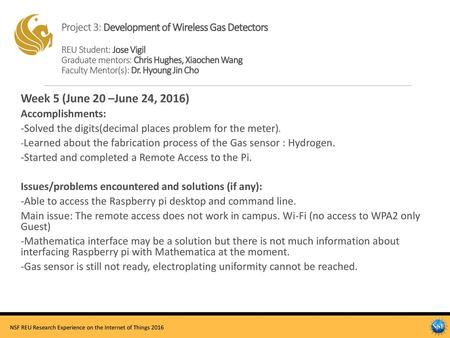 Project 3: Development of Wireless Gas Detectors REU Student: Jose Vigil Graduate mentors: Chris Hughes, Xiaochen Wang Faculty Mentor(s): Dr. Hyoung.