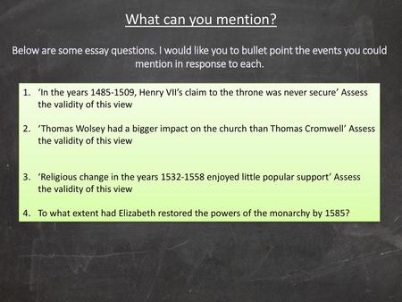 What can you mention? Below are some essay questions. I would like you to bullet point the events you could mention in response to each. ‘In the years.