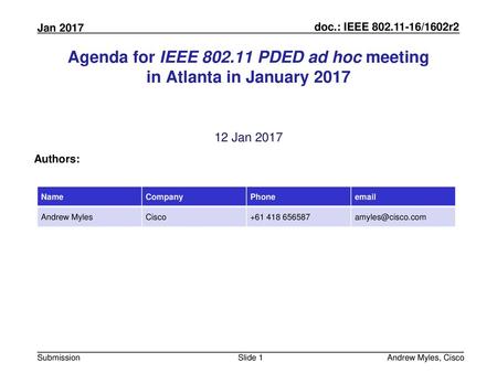 Agenda for IEEE PDED ad hoc meeting in Atlanta in January 2017