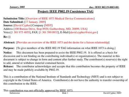 Project: IEEE P Coexistence TAG