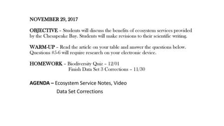 AGENDA – Ecosystem Service Notes, Video Data Set Corrections
