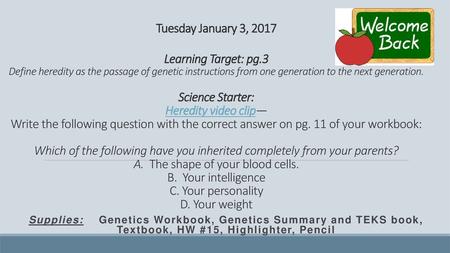 Tuesday January 3, 2017 Learning Target: pg