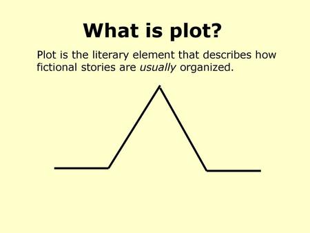 What is plot? Plot is the literary element that describes how fictional stories are usually organized. Plot is the literary element that describes the.