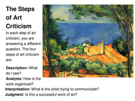 The Steps of Art Criticism In each step of art criticism, you are