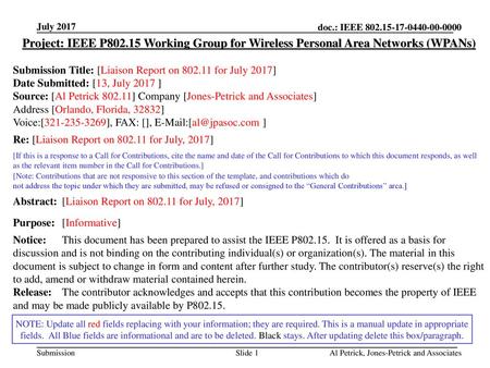 July 2017 doc.: IEEE 802.15-17-0440-01-0000 July 2017 Project: IEEE P802.15 Working Group for Wireless Personal Area Networks (WPANs) Submission Title: