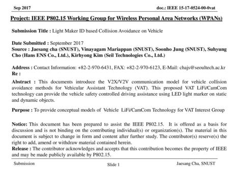 March 2017 Project: IEEE P802.15 Working Group for Wireless Personal Area Networks (WPANs) Submission Title : Light Maker ID based Collision Avoidance.
