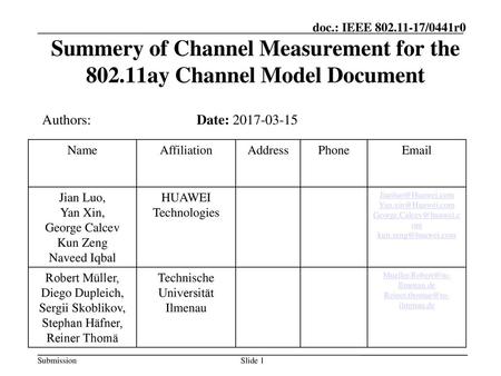 Summery of Channel Measurement for the ay Channel Model Document