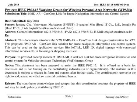March 2017 Project: IEEE P802.15 Working Group for Wireless Personal Area Networks (WPANs) Submission Title: HMD-AR – CamCom Link for Drone Navigation.