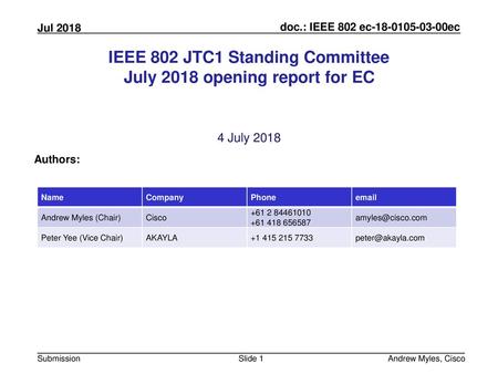 IEEE 802 JTC1 Standing Committee July 2018 opening report for EC